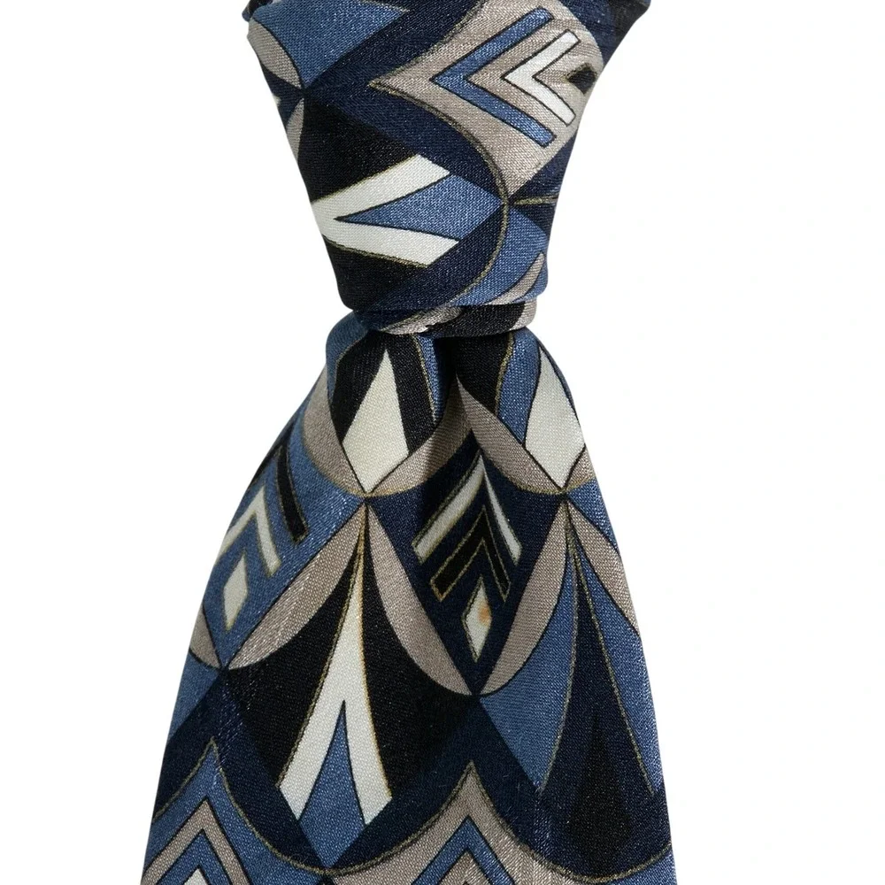Courreges Homme Tie Mens Blue Geometric Art Deco Print Italian Silk